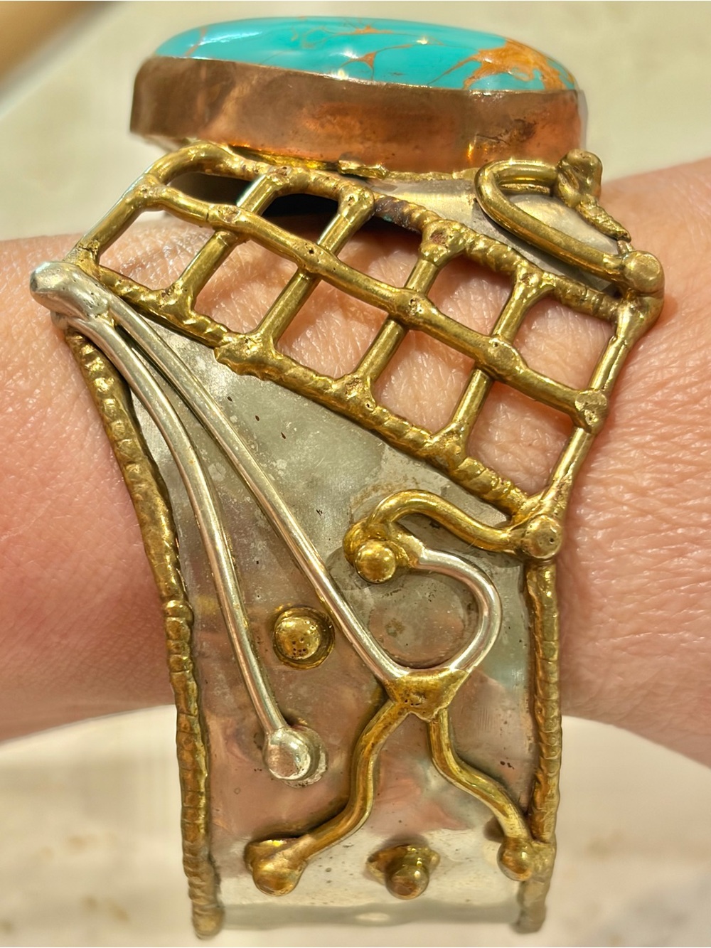 Vintage Mixed Metal Brutalist Turquoise Cuff Bracelet Statement Grid Lattice - Picture 9 of 15